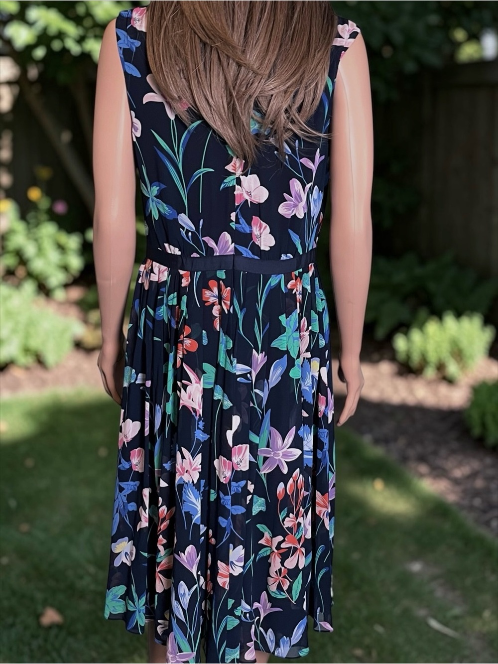 Talbots Navy Black Floral Midi Dress Size 6 Sleeveless Lined Sheer Overlay - Picture 4 of 6